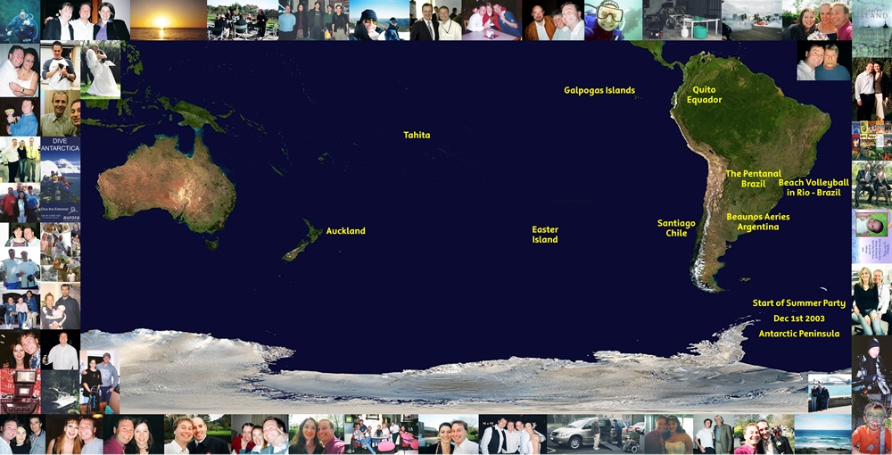 An image of a modified world map showing the distance between australia and south america for a different perspective. The world map is surrounded with the special people that helped me to celebrate the start of this epic adventure and attended my my send off party...